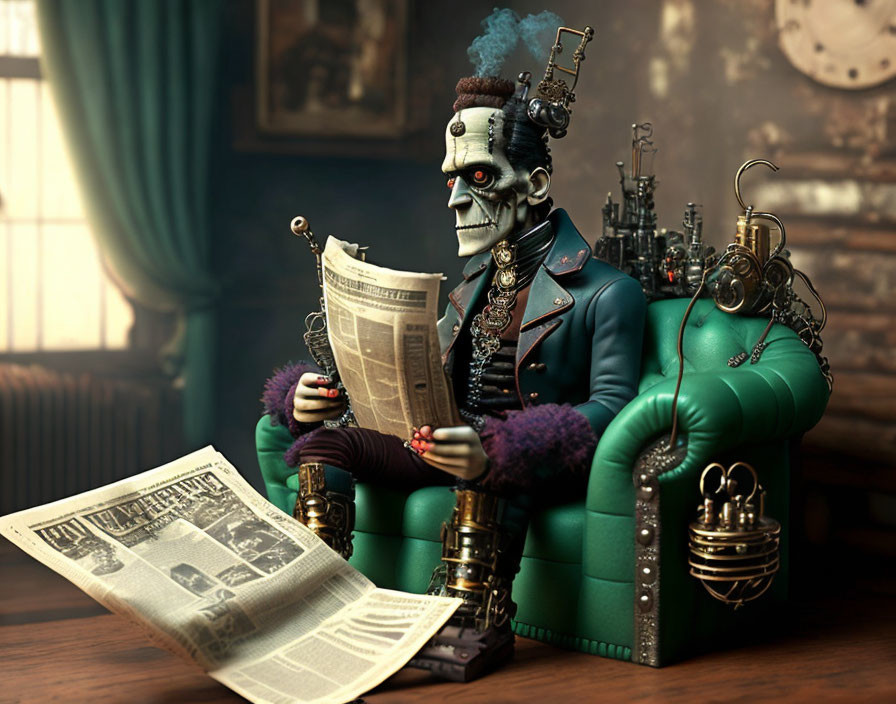 Steampunk humanoid robot reading newspaper in vintage room