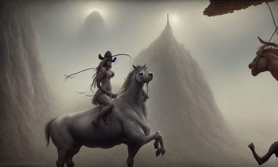 Cowgirl riding rearing gray horse in misty mountain landscape