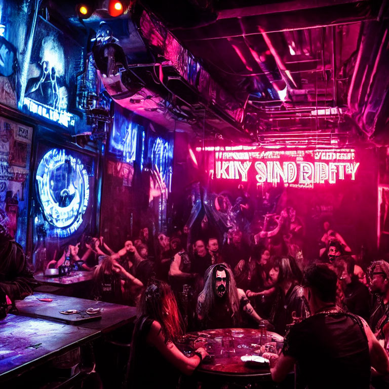 Dimly-lit Bar with Neon Signs and Heavy Metal Vibe