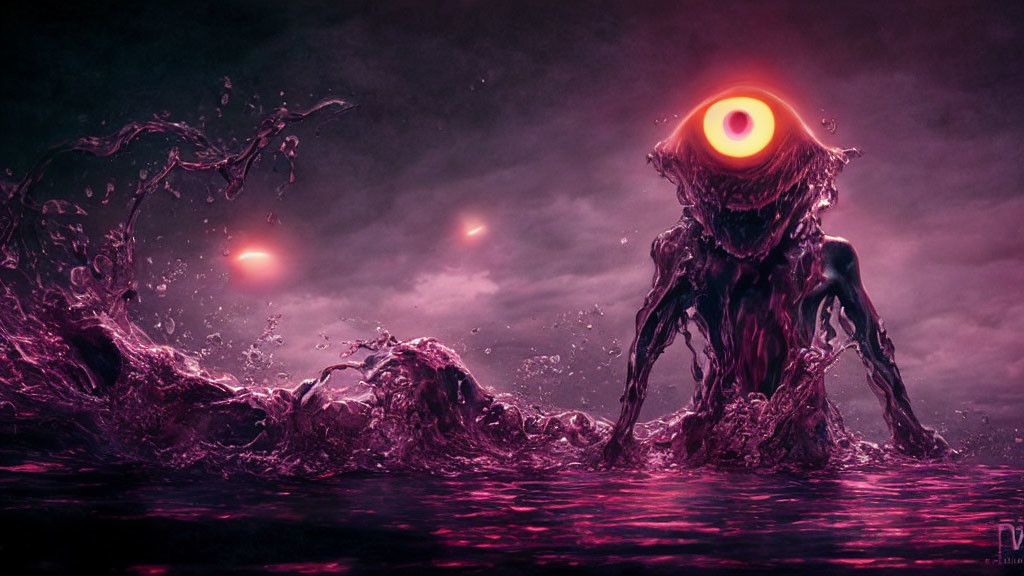 Single-eyed fantasy creature emerges from dark waters under purple sky with glowing entities in distance