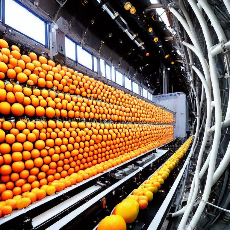 Conveyor Belt with Oranges in Citrus Packing Facility