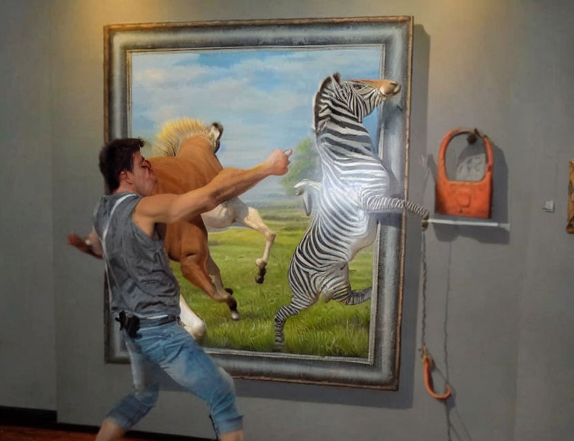 Man jumps into 3D painting of lion chasing zebra