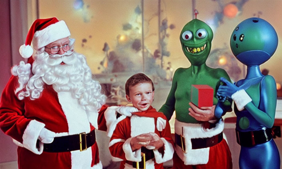 Festive scene with Santa, child, and alien characters holding presents