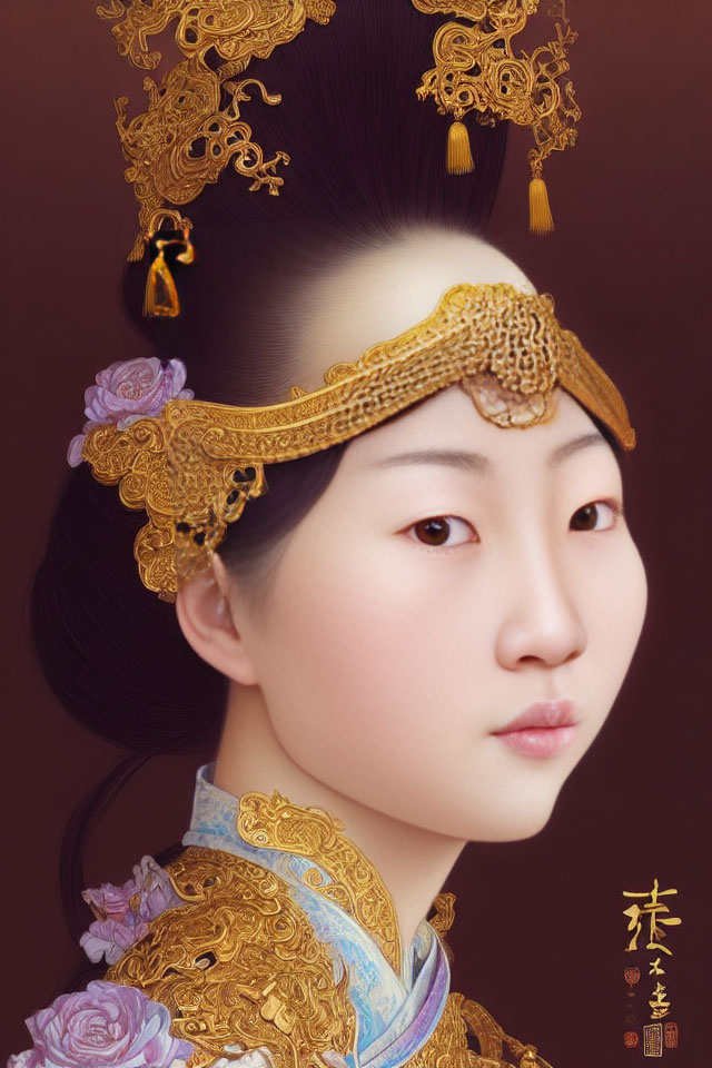 Traditional Asian woman portrait with golden headpiece on burgundy background