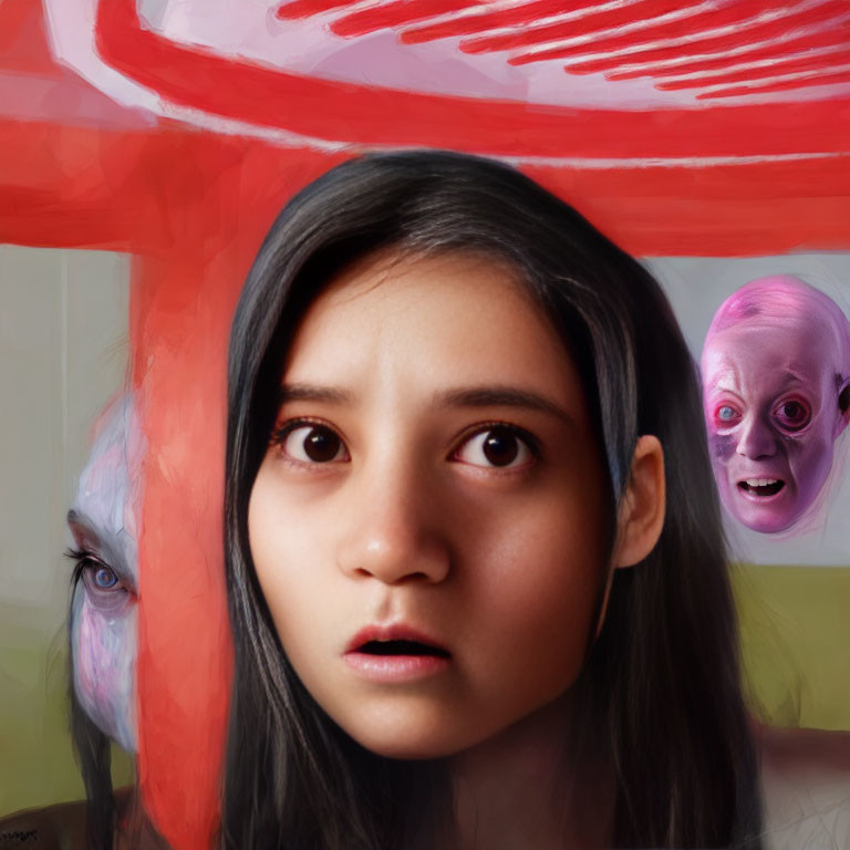 Startled young woman with surreal faces and abstract red shapes.