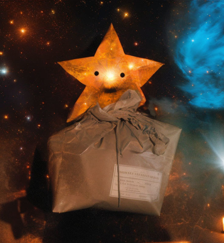 Star-shaped figure on crinkly paper against cosmic background