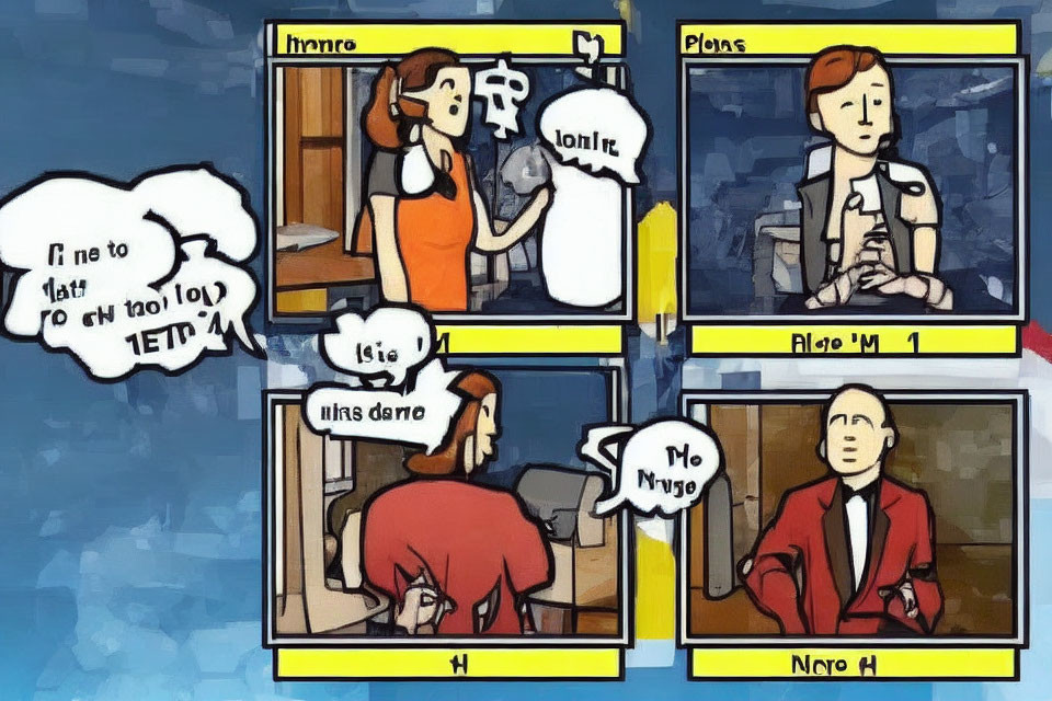 Four-panel comic strip with characters speaking unintelligible text symbols, showing confusion.