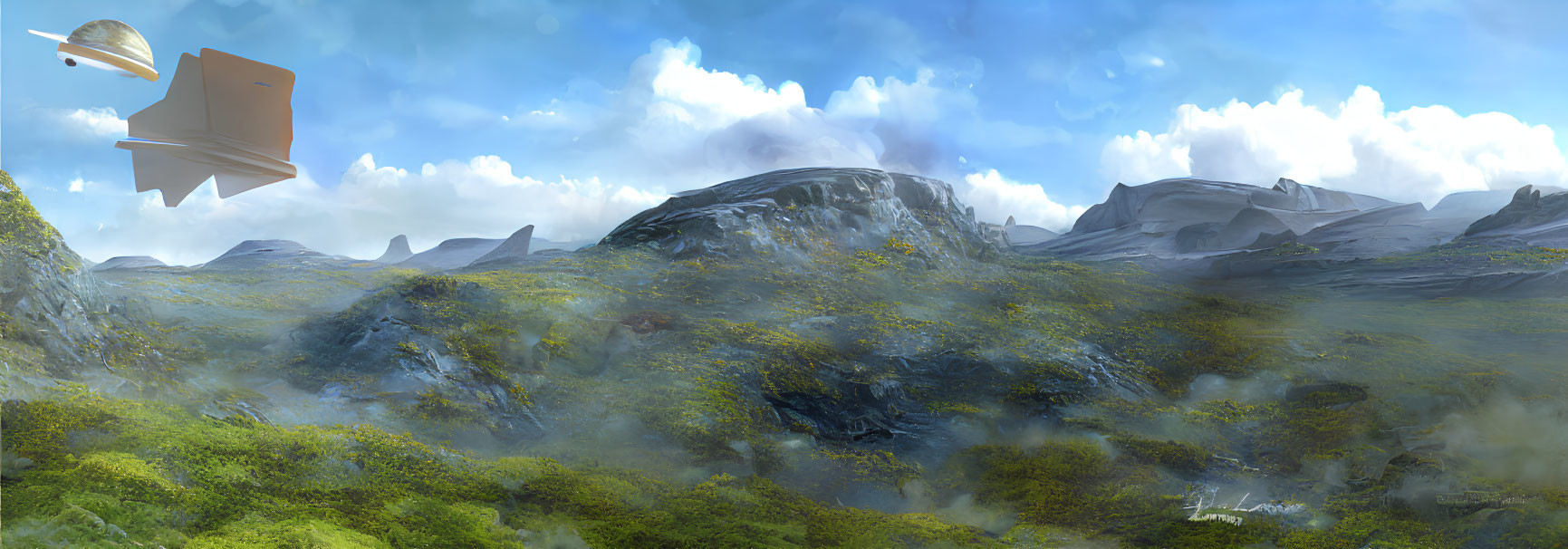 Lush green hills and rocky outcrops under a clear sky with a flying machine.