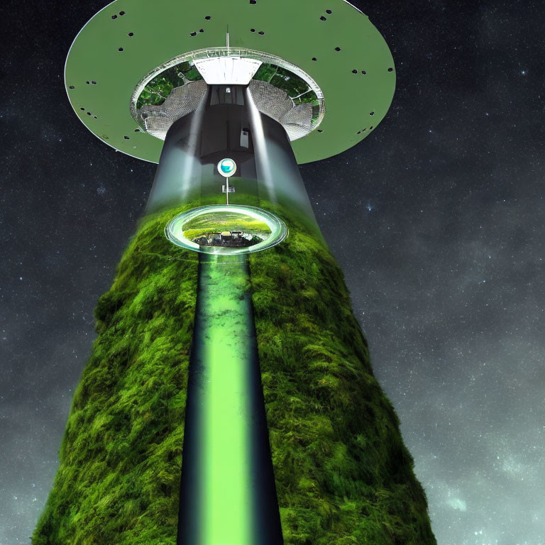 Futuristic cylindrical space station with grass exterior and glowing green entrance ramp