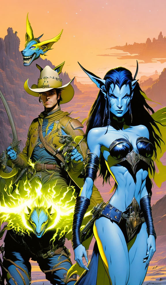 Fantasy illustration of man in cowboy hat with glowing sword and blue-skinned, horned woman in