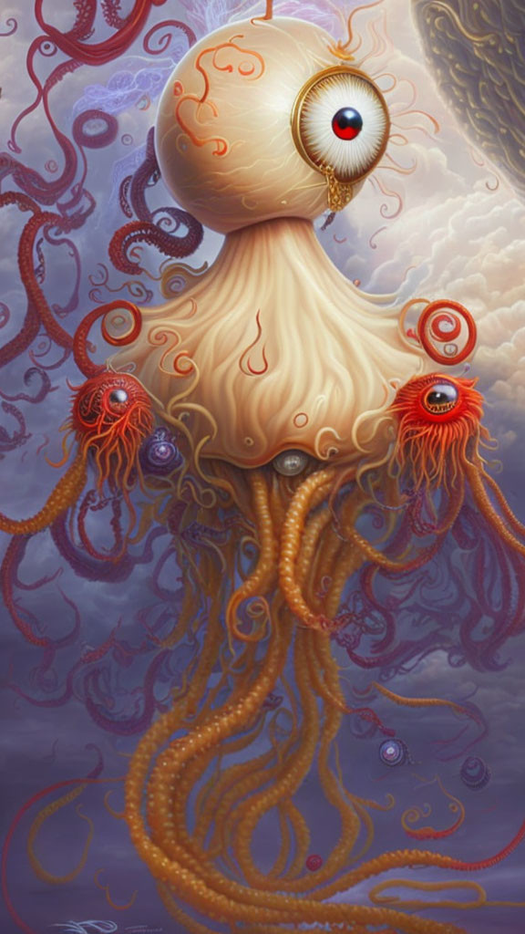 Surreal octopus-like creature with eye on bulbous head, beige body, and orange tent