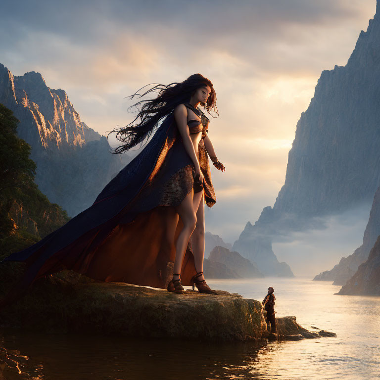 Woman in flowing dress on rocky ledge overlooking river and cliffs with distant observer