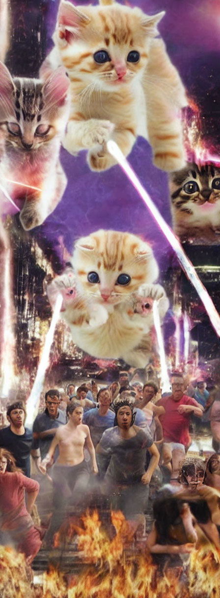 Giant Kittens Collage with People, Dramatic Lighting, and Cosmic Background