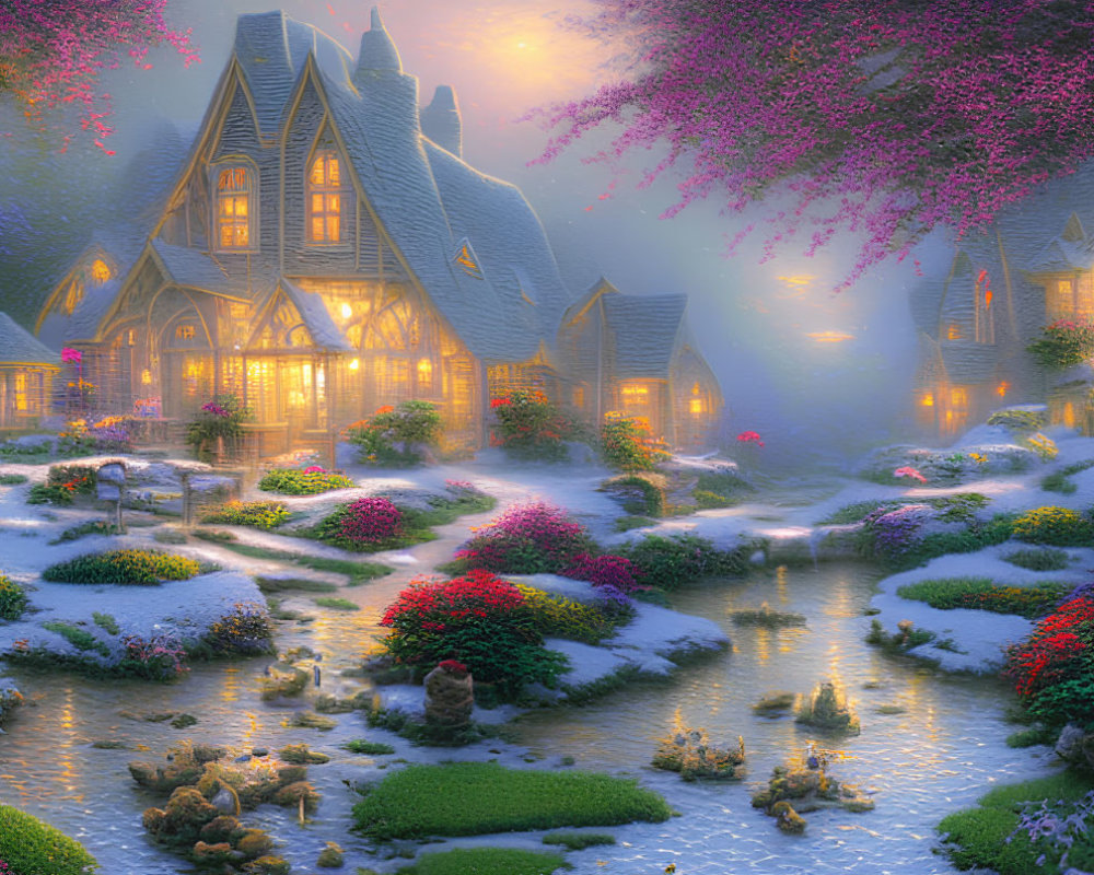 Snow-covered village at twilight with cozy cottages and blossoming flowers