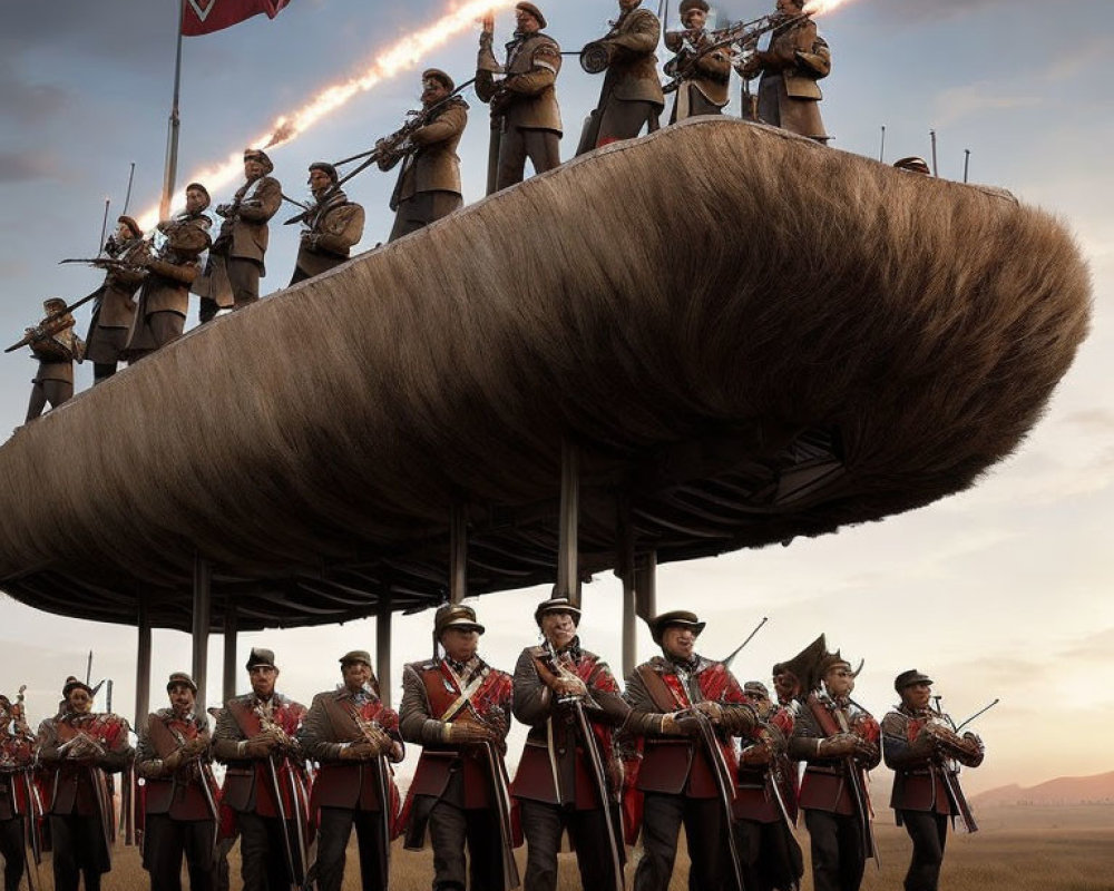 Historical soldiers march on giant caterpillar with rifles in surreal landscape