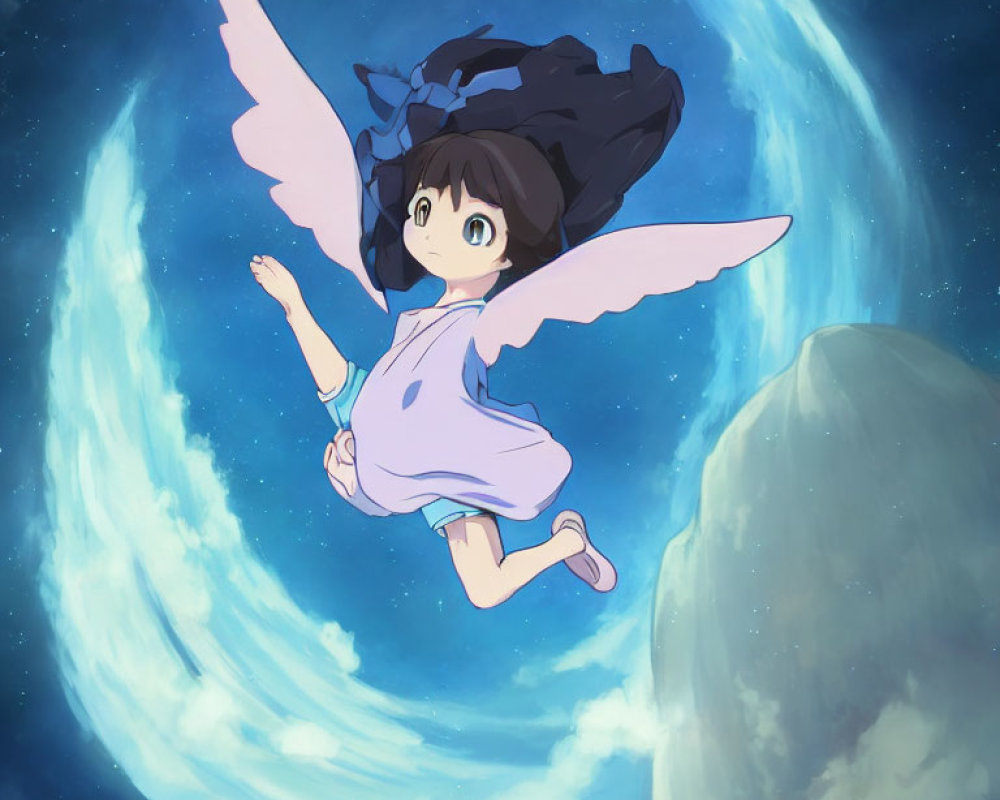 Animated character with wings in blue dress and bow flying in starry sky with large moon