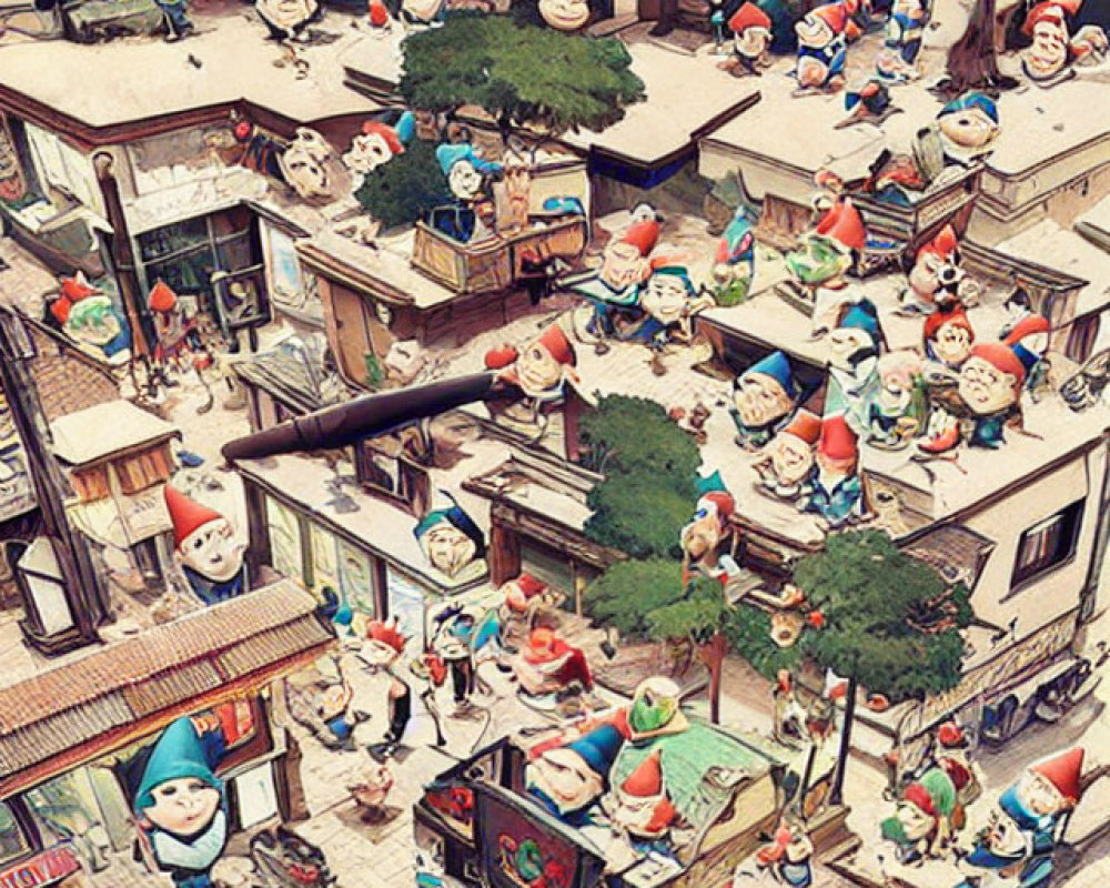 Whimsical Smurf-filled street scene with European architecture