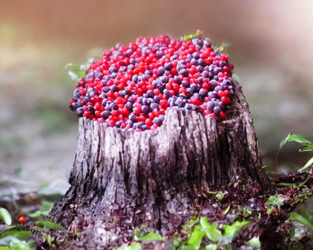 Forest floor scene: Tree stump with red and black berries under soft sunlight