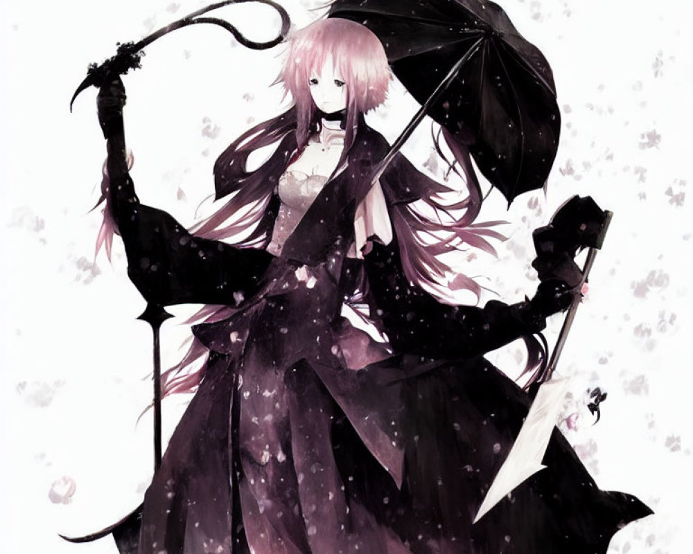 Anime-style character with pink hair holding umbrella in elegant black outfit surrounded by falling petals