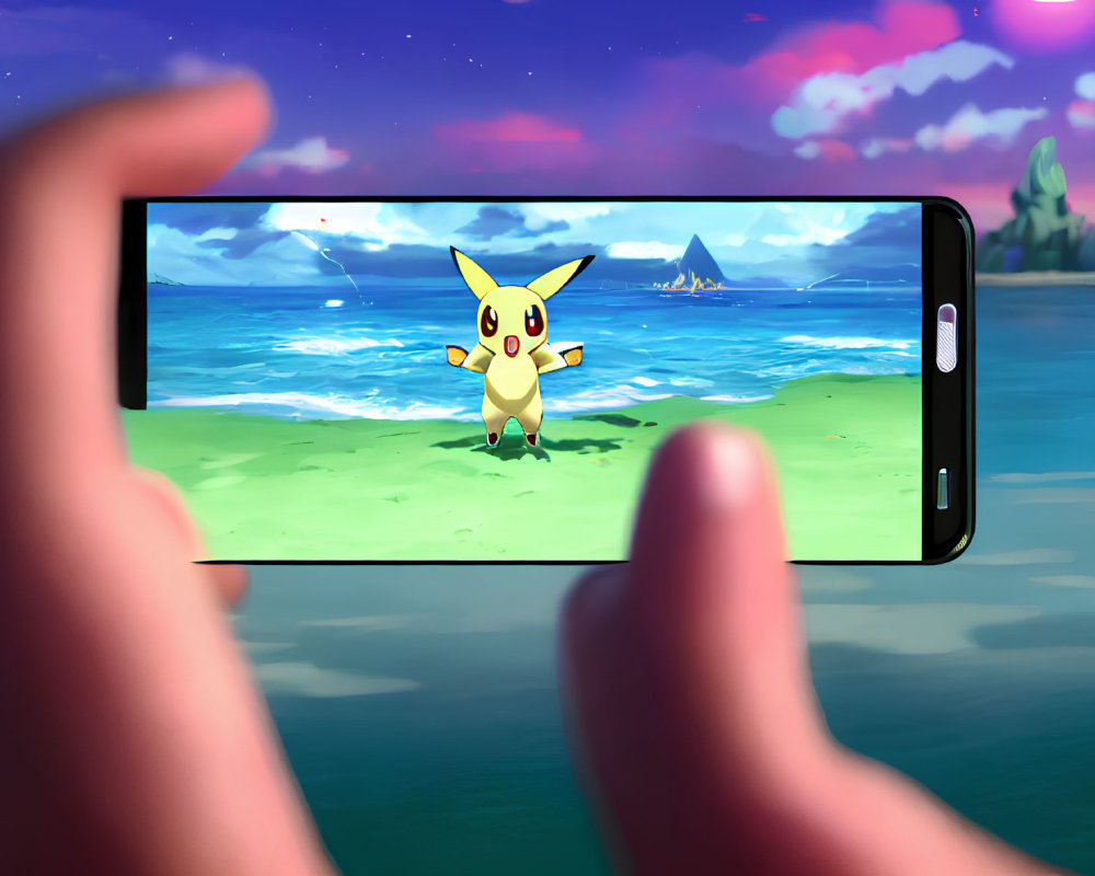 Augmented Reality Game: Pikachu on Beach at Twilight