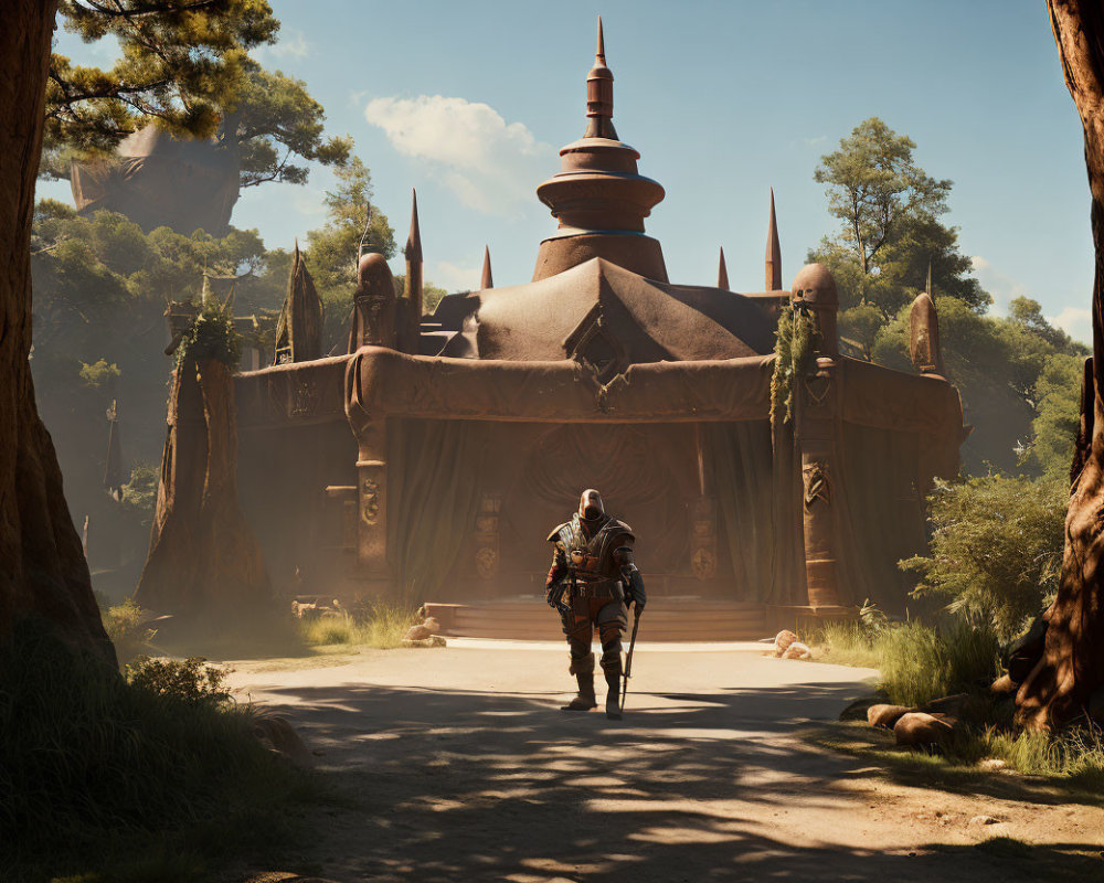 Knight walking to ancient temple in serene forest under blue sky