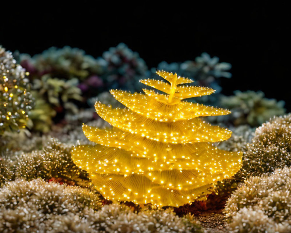 Yellow Sea Slug with Tree-Like Appendages on Black Background surrounded by Soft Coral