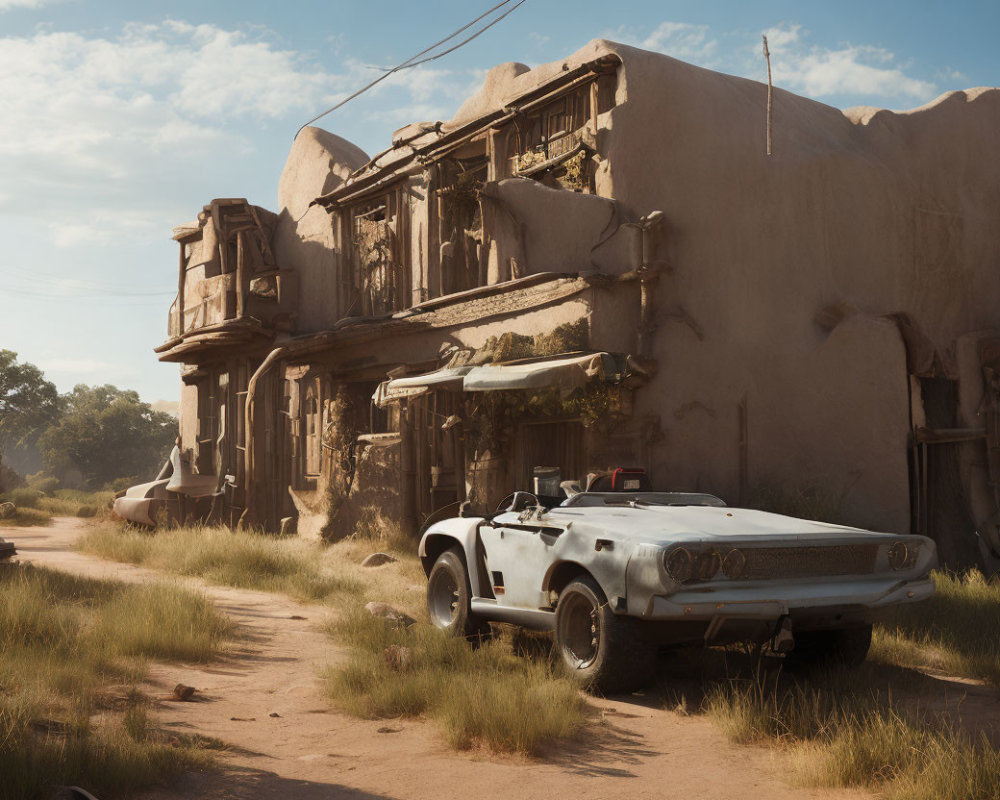 Vintage White Car Parked Next to Adobe-Style Buildings