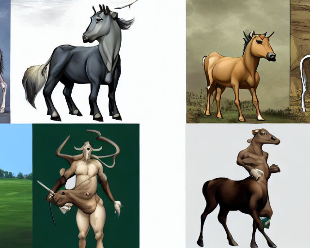 Eight anthropomorphic horse character illustrations in different poses on colored backgrounds