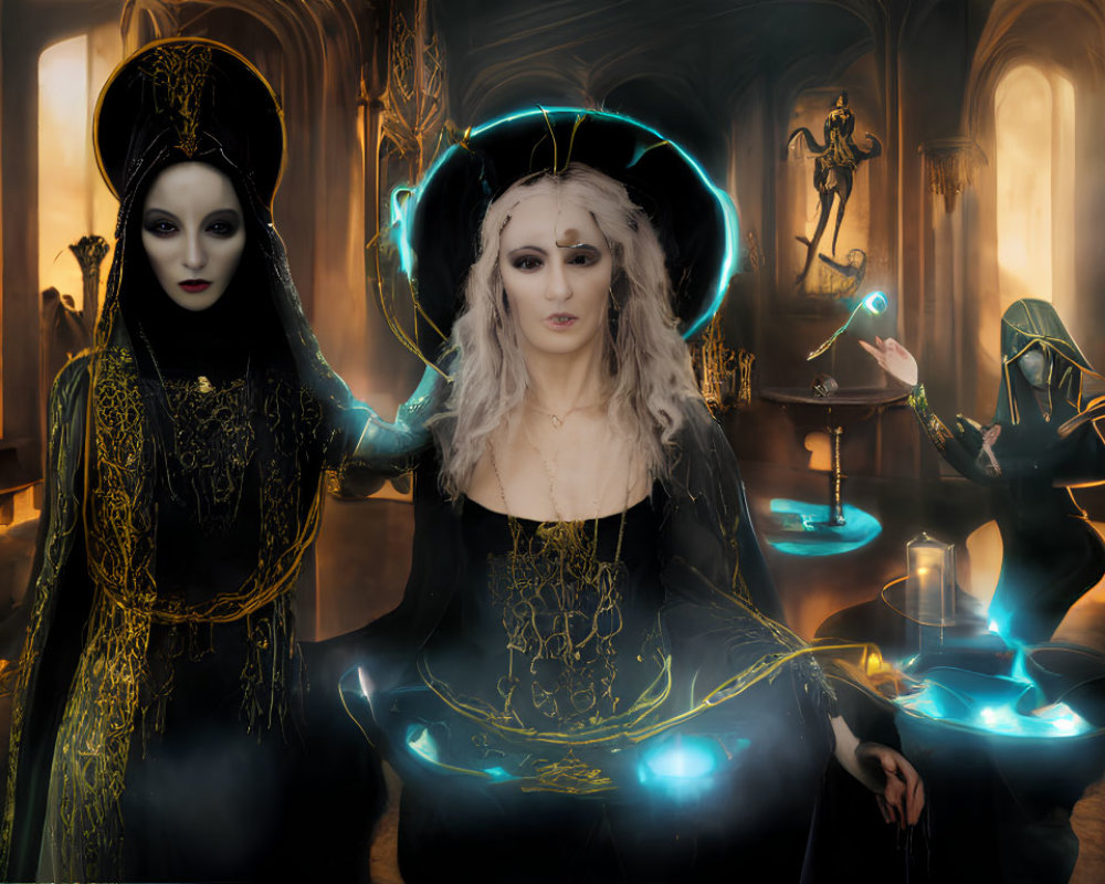 Three women in futuristic robes with glowing blue accents in a candlelit room.