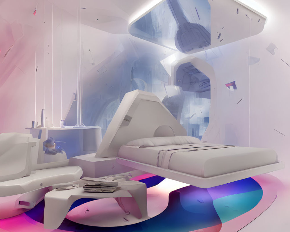 Modern bedroom with white bed, abstract art, pink and blue lighting, floating shelves, immersive ceiling display