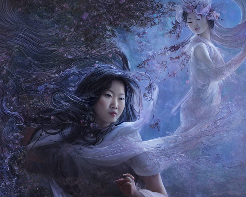 Ethereal women in mystical forest with flowers