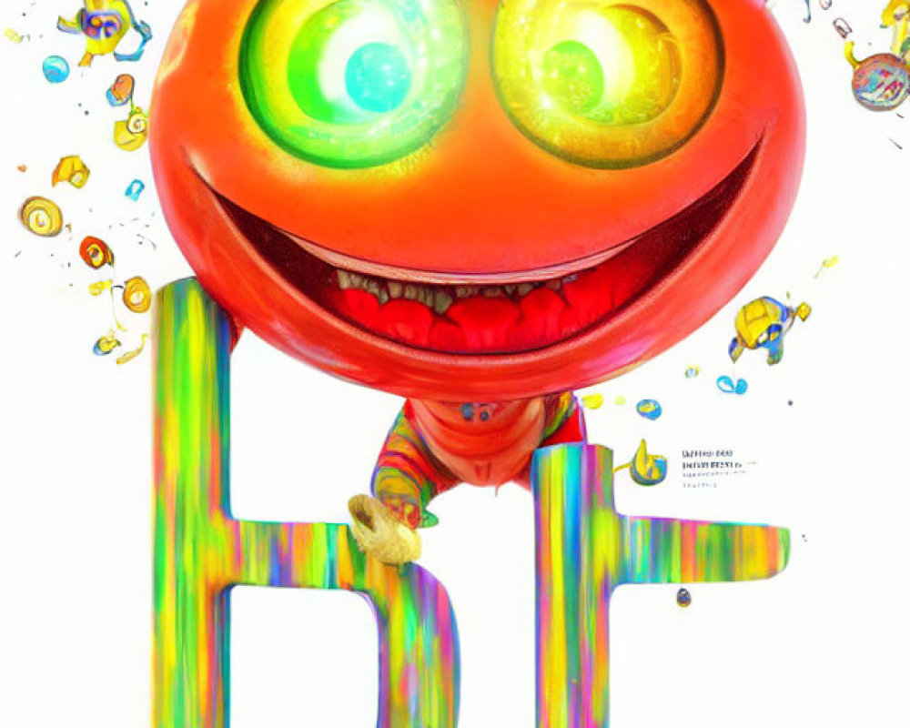 Colorful poster with grinning orange cartoon creature and vibrant "HAPPY" letters