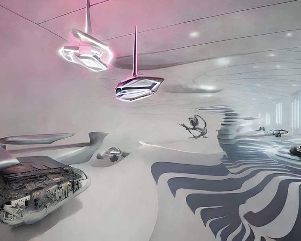 Modern Futuristic Interior with Curved Surfaces & Abstract Art