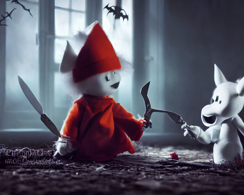 Plush toys in red cloak with knife and white ghost with scissors in spooky room with flying bat sil