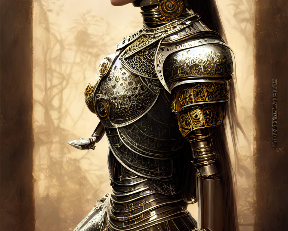 Female Warrior in Ornate Golden Armor Holding Sword in Foggy Forest