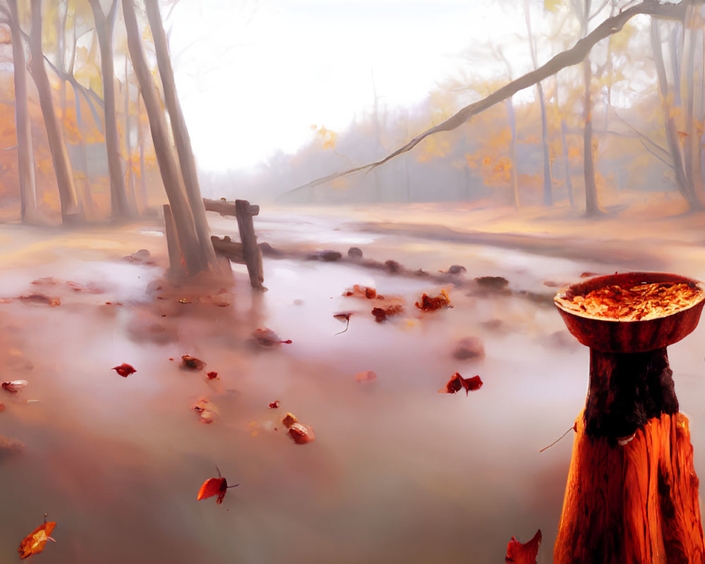 Tranquil autumn forest with fog, stream, and birdseed stump