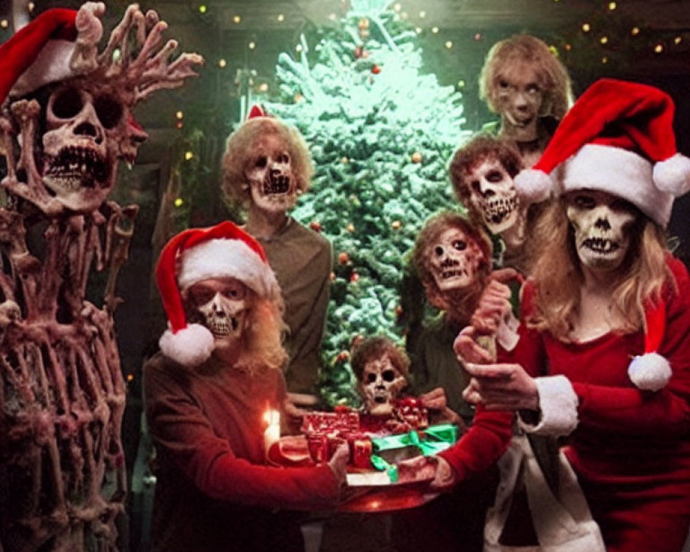 Group of people in skeleton makeup with Santa hats, Christmas tree, and gift in spooky festive scene