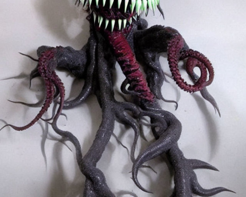 Fantastical creature sculpture with green eyes, sharp teeth, and tentacles