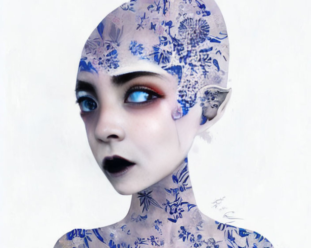 Stylized portrait of female figure with blue skin and floral head patterns