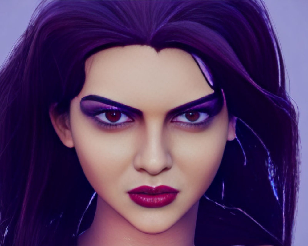 Close-up 3D animated female character with purple eyes, winged eyeliner, dark lips,