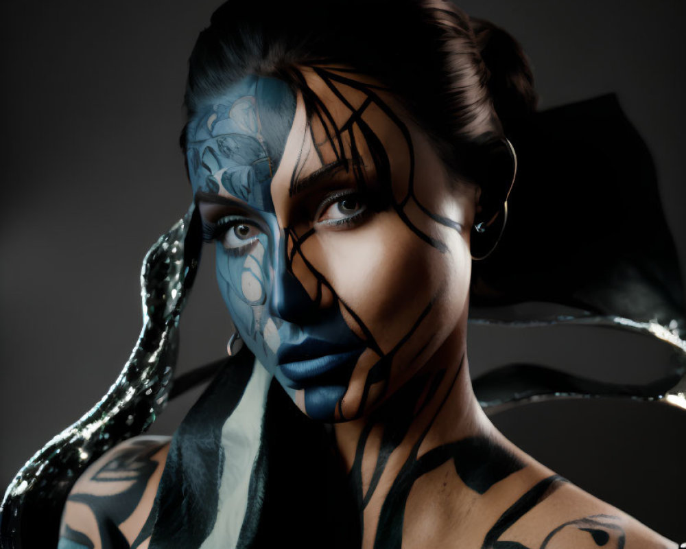 Woman with black and blue face and body paint against abstract background