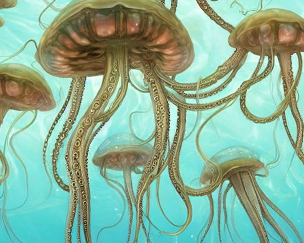 Intricate Tentacled Jellyfish in Tranquil Turquoise Underwater Scene