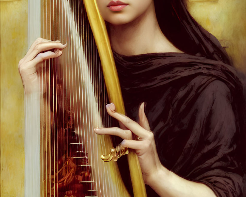 Dark-haired woman playing golden harp in front of ethereal backdrop