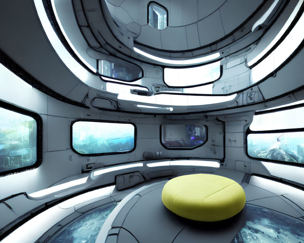 Futuristic room with white walls, large windows, cityscape, underwater views, and yellow ott