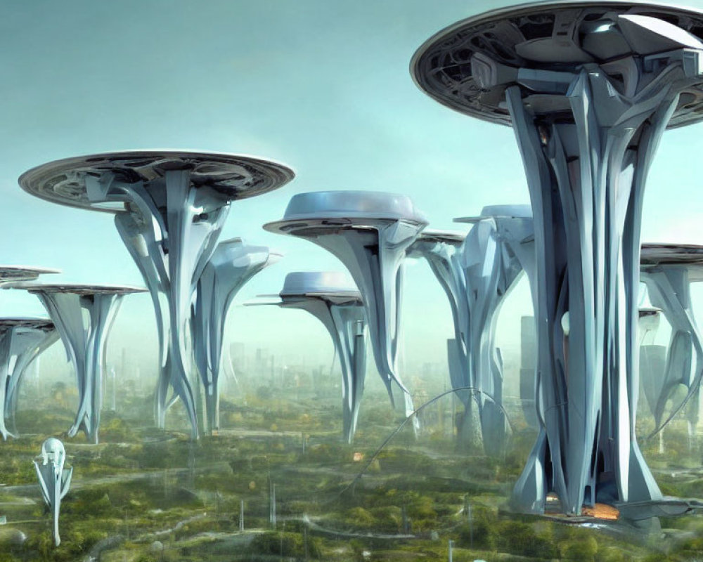 Futuristic cityscape with towering mushroom-like structures and lush greenery.