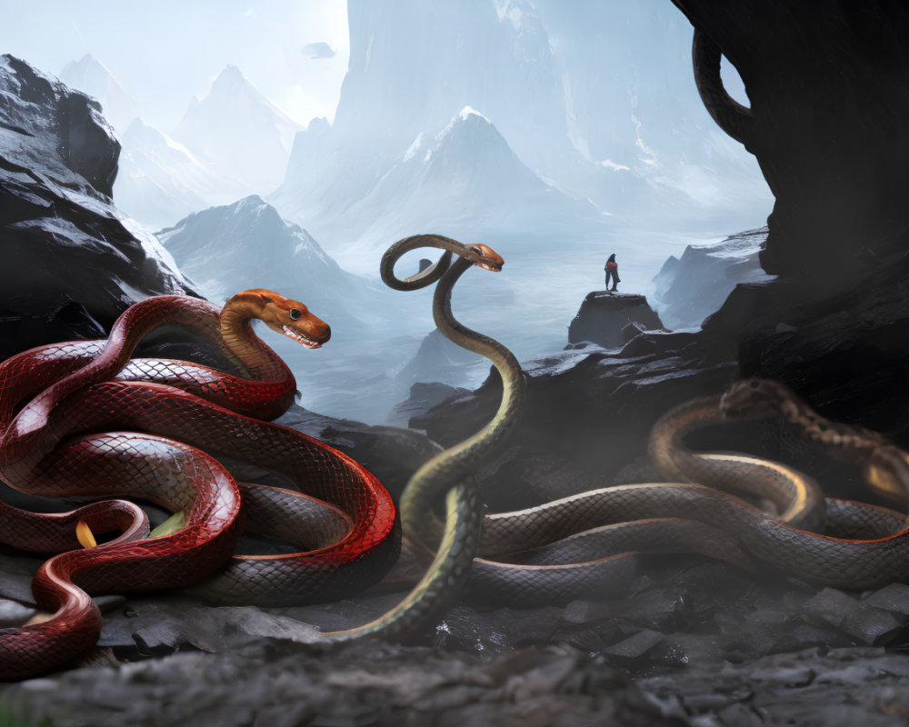 Person observes two gigantic snakes in misty mountain cave