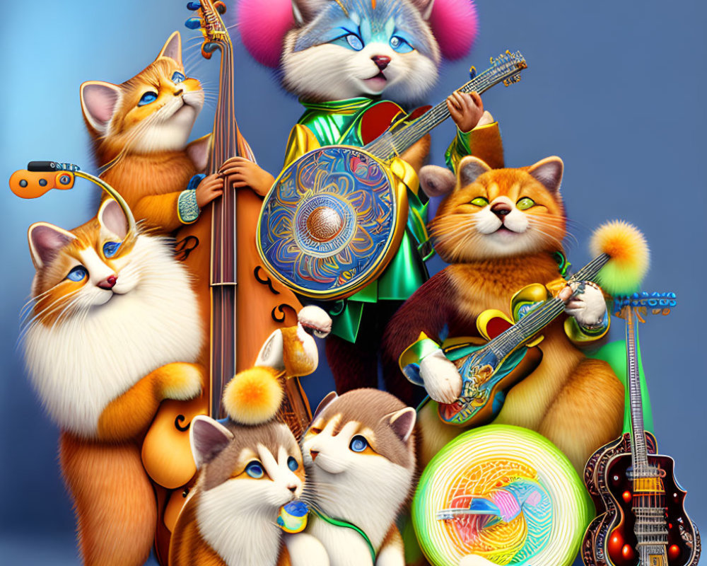 Anthropomorphic Cats Playing Musical Instruments in Vibrant Illustration