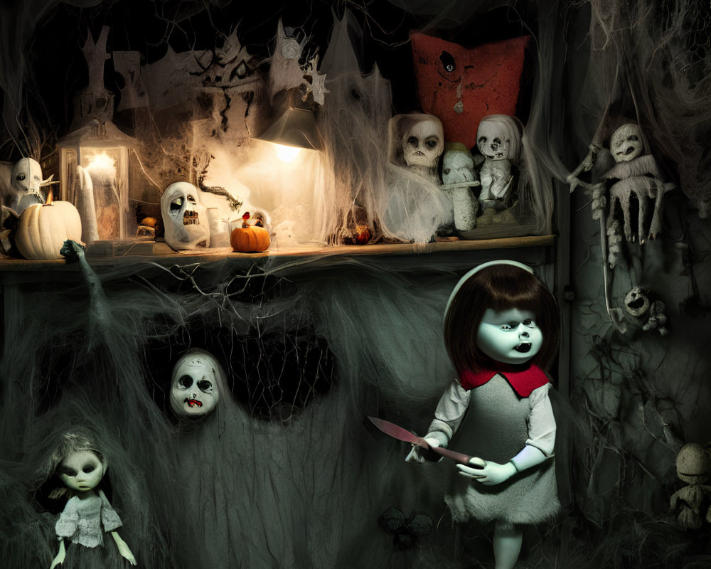 Creepy Halloween scene with dolls, pumpkins, skulls, and knife-wielding figure