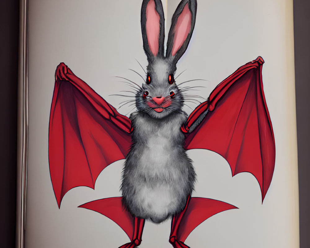 Illustrated creature: Rabbit body, bat-like wings, playful expression on open book page