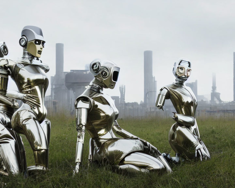 Silver humanoid robots in grassy field with industrial chimneys.